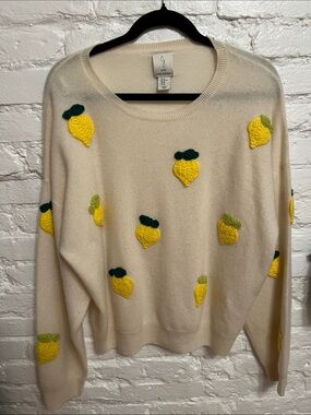 NWOT - Joie Cream Crewneck Sweater with Yellow Lemon Appliqués and Green Leaves